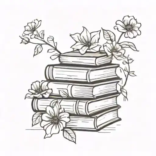 A minimalist tattoo of a stack of books with flowers growing out of them, representing the client's love for reading and gardening tattoo design idea