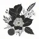 A minimalist design of a wildflower bouquet with subtle hints of herbs, symbolizing the client's love for nature and beauty tattoo design idea