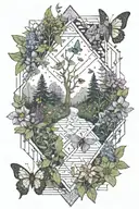 A mystical forest pathway lined with blooming wildflowers and herb bushes, with pollinators fluttering around tattoo design idea