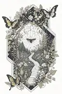 A mystical forest pathway lined with blooming wildflowers and herb bushes, with pollinators fluttering around tattoo design idea