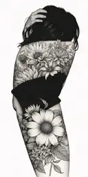 A botanical scene with various herbs, lavender, coneflower,  wildflowers, and dhalias intertwined tattoo design idea