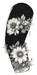 A botanical scene with various herbs, lavender, coneflower,  wildflowers, and dhalias intertwined tattoo design idea