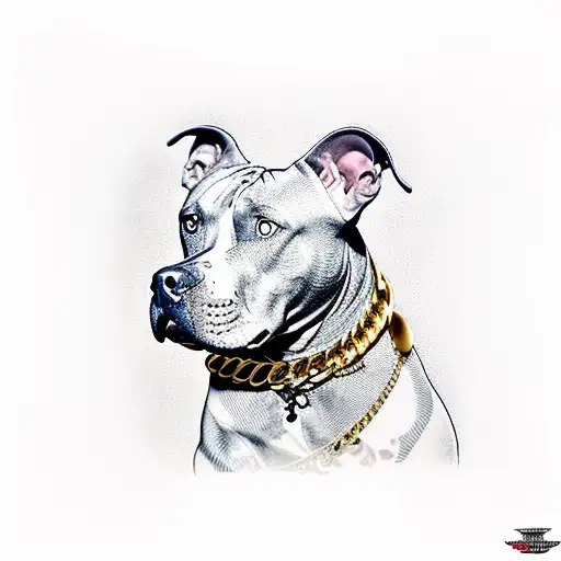 aggresive pitbull and big gold chains tattoo design idea