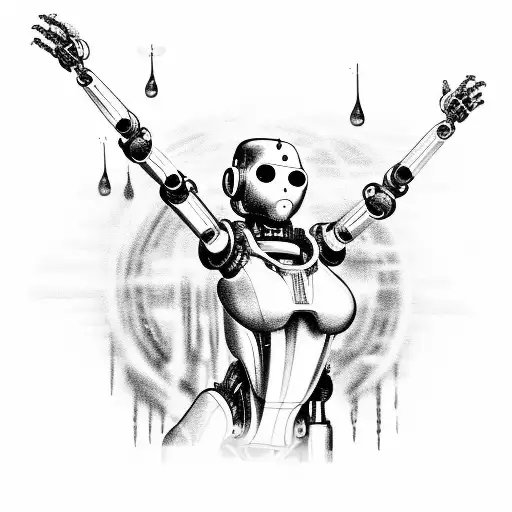 robot girl on her knees with her hands in the air worshipping, rusting from rain, metal is falling off of her metal gear tattoo design idea