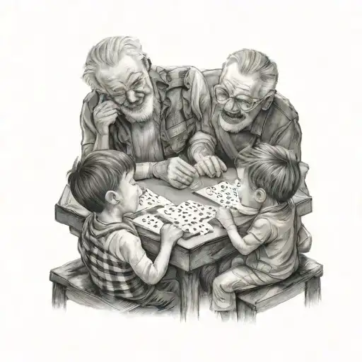 a grandfather with short hair playing spanish cards with his 2 male grandchildren laughing on a table tattoo design idea