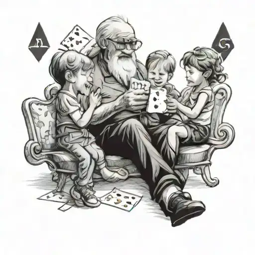 A black-grey tattoo of a grandfather and his grandchildren sharing a laugh over a game of cards tattoo design idea