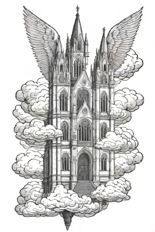 gothic cathedral, floating in clouds fondo negro   tattoo design idea