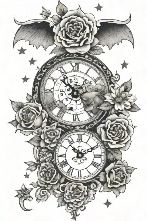 Mandela design, flowers, moon and stars, and a broken clock tattoo design idea