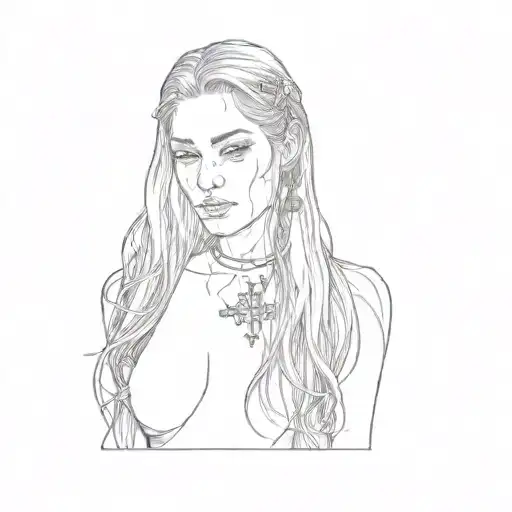 a woman with long hair and a cross necklace tattoo design idea