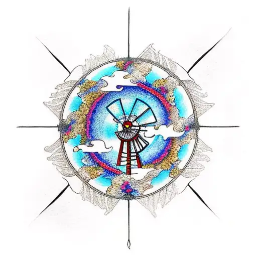 big powerful windmill enhanced by nature, trees and animals, symbol of consciousness tattoo design idea