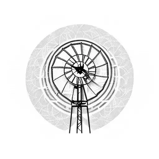 big powerful windmill enhanced by nature, trees and animals, symbol of consciousness tattoo design idea