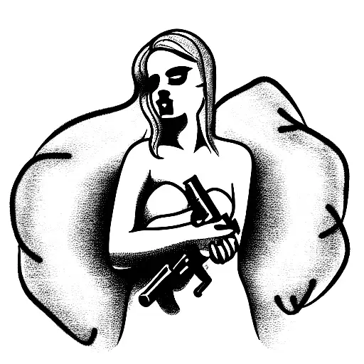 Angel holding by a big rose with a gun in her hands and face with towel covering only theeyes tattoo design idea