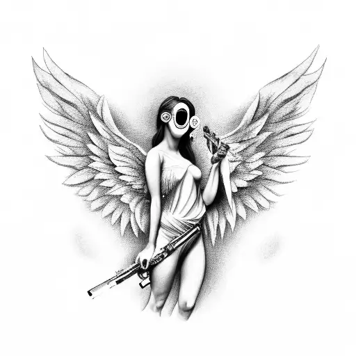 Angel holding by a big rose with a gun in her hands and face with towel covering only theeyes tattoo design idea