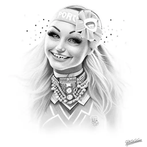 A detailed portrait of a cheerleader with pom-poms in hand, showcasing the passion and dedication of NCA cheer staff tattoo design idea