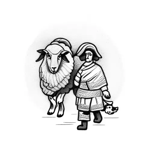 A shepherd carrying a lost sheep on his shoulders, surrounded by 99 other sheep tattoo design idea