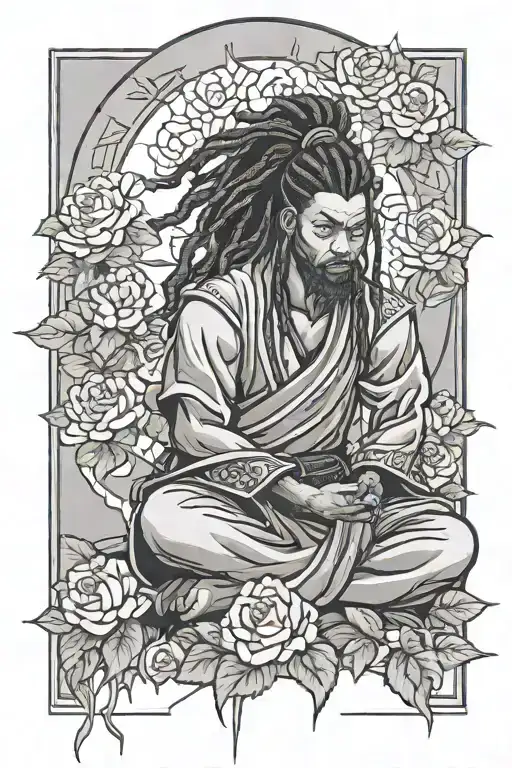Black samurai with dreadlocks meditating in rose garden  tattoo design idea