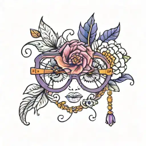 purple eyeglass with colourful 2 flowers ontop  tattoo design idea