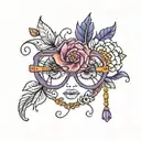 purple eyeglass with colourful 2 flowers ontop  tattoo design idea