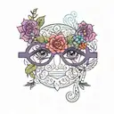 purple eyeglass with colourful 2 flowers ontop  tattoo design idea