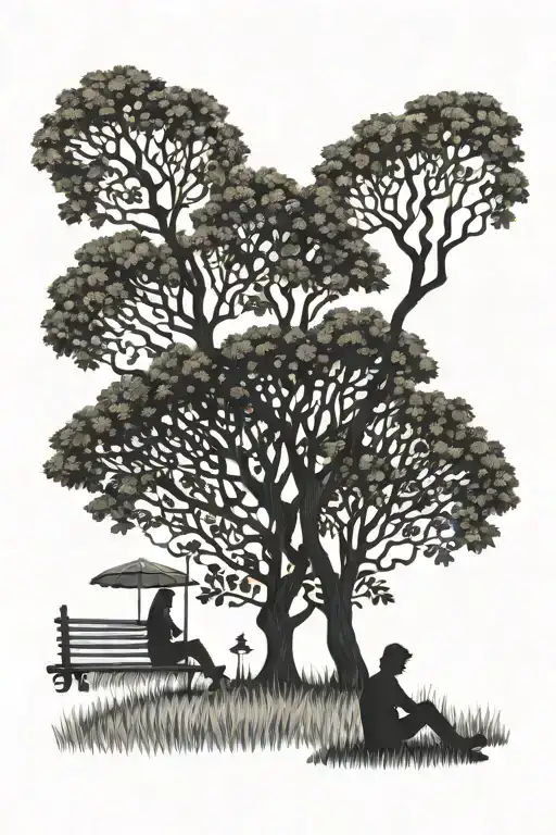 Shadowed figures sitting under apple trees in autumn, mirrored vertically a singular figure sitting under those same tre tattoo design idea