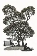 Shadowed figures sitting under apple trees in autumn, mirrored vertically a singular figure sitting under those same tre tattoo design idea