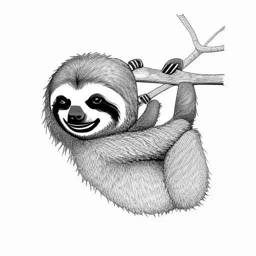 A sloth hanging from a tree branch, adorned with intricate blackwork patterns tattoo design idea