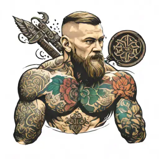 letters : NONSKID in een kleine boog voor op de buik in de style van conor mcgregor tattoo design idea