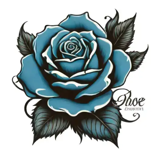 blue rose with "agustin c." written on the side of a petal tattoo design idea