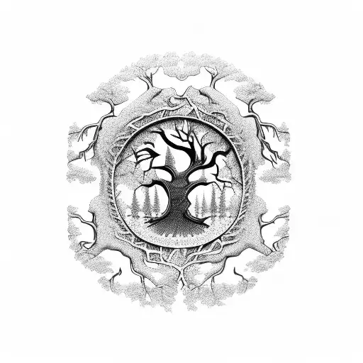 Dead Tree of Life with no leafs and skulls in the bark and branches and roots of the tree tattoo design idea