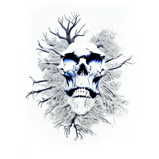 large Dead Tree uprooted  with multiple skulls in the bark, branches and roots of the tree tattoo design idea