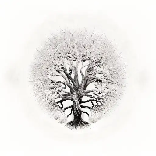 Dead Tree of Life with no leafs and skulls in the bark and branches and roots of the tree tattoo design idea
