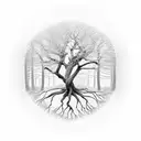 Dead Tree of Life with no leafs and skulls in the bark and branches and roots of the tree tattoo design idea