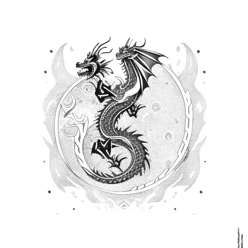 Dragon with horns, cyber sigil, with flow of water tattoo design idea