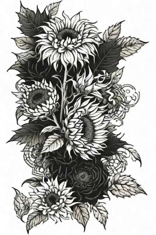 Insanely detailed blackwrok tattoo of sunflowers and slightly open Japanese chrysanthemums, lots of shading tattoo design idea