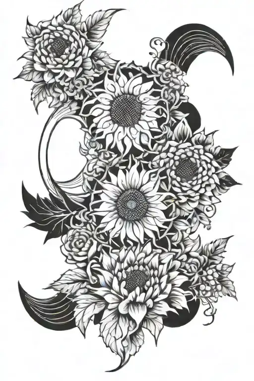 A mix of sunflowers and japanese chrysanthemums and triple moon goddess symbol and lots of shading on the flower petals tattoo design idea