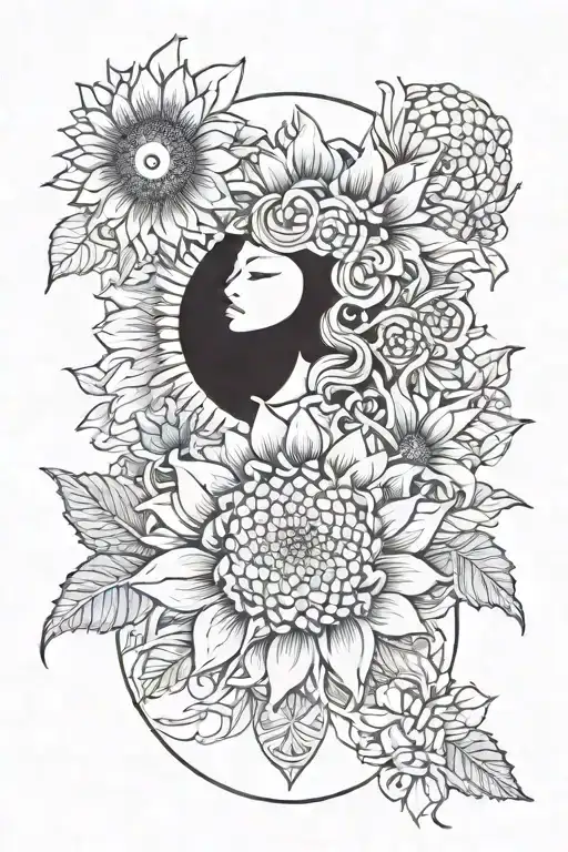 A mix of sunflowers and japanese chrysanthemums and tripleoon goddess symbol, minimal colour tattoo design idea