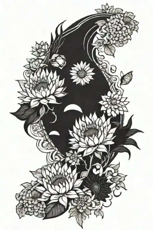 A mix of sunflowers and japanese chrysanthemums and triple moon goddess symbol, minimal colour, lots of shading  tattoo design idea