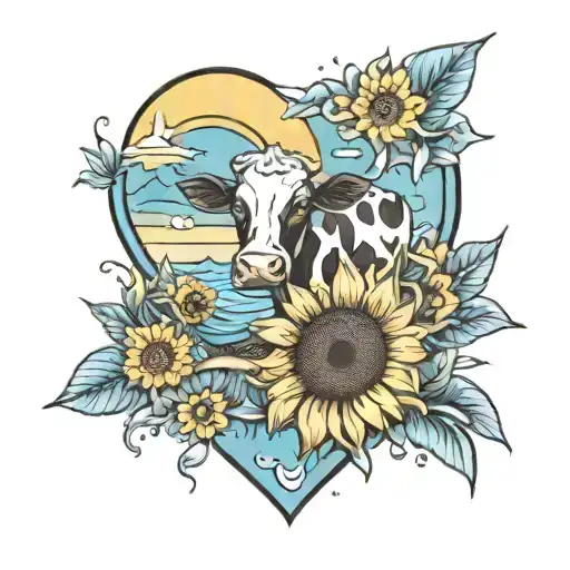 sunflower, sunrise beach scene, blue heart, 🫶, te quiero mucho, cows, angels tattoo design idea