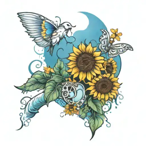 sunflower, sunrise beach scene, blue heart, 🫶, te quiero mucho, cows, gansito, angel, stairway to heaven tattoo design idea