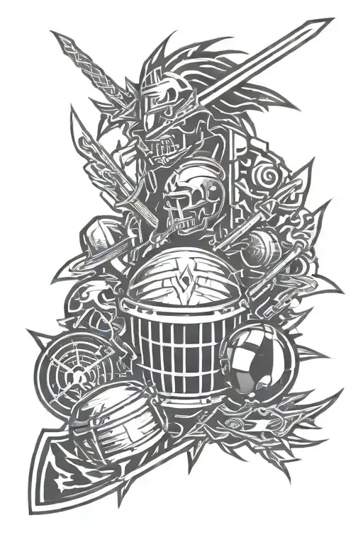 swords, American football, drums, lightning bolt striking, javelin tattoo design idea