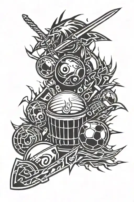 swords, football, drums, lightning bolt striking tattoo design idea