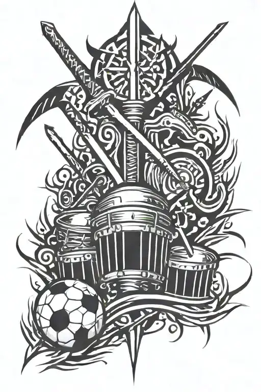 swords, football, drums, lightning bolt striking tattoo design idea