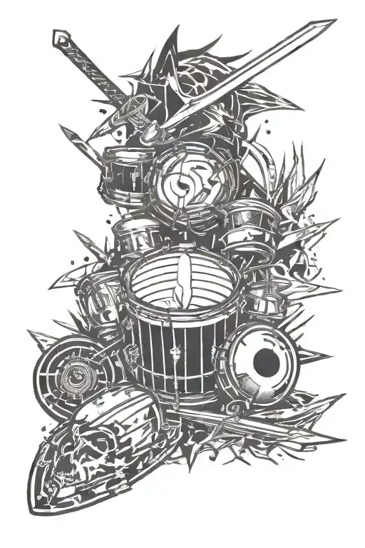 swords, American football, drums, lightning bolt striking, javelin tattoo design idea