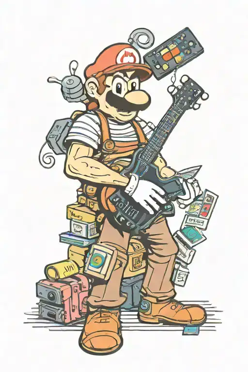 super mario, casette, guitar, floppy, duke nukem, darth vader, astraunaut, old computer, arabic text tattoo design idea