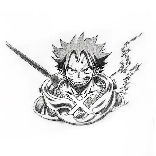 Tattoo half sleeve design that incorporates the animes One Piece, Bleach, Fairy Tail, and Initial D tattoo design idea
