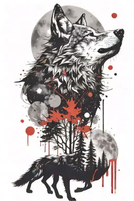 A wolf howling at a full moon while surrounded by a forest landscape tattoo design idea