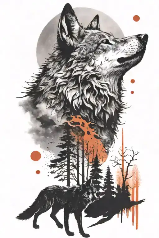 A wolf howling at a full moon while surrounded by a forest landscape tattoo design idea