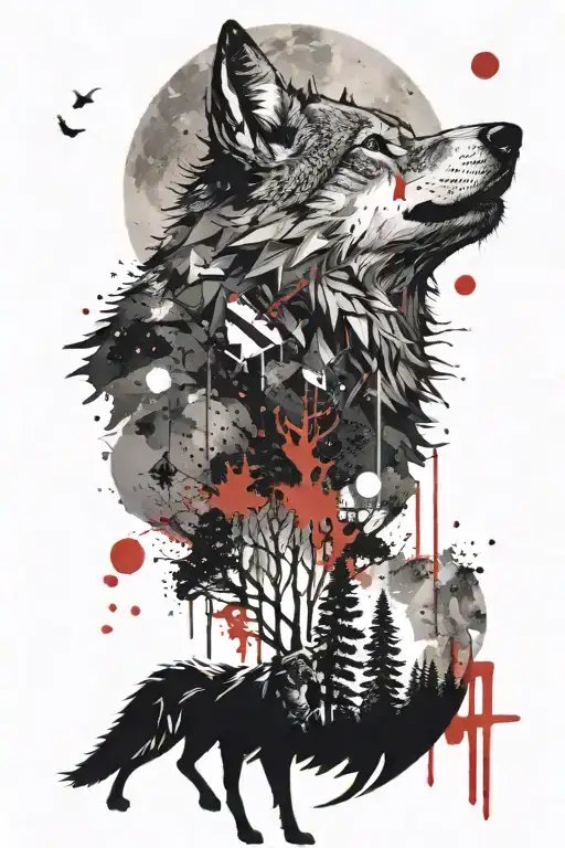 A wolf howling at a full moon while surrounded by a forest landscape tattoo design idea