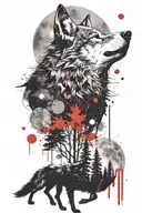 A wolf howling at a full moon while surrounded by a forest landscape tattoo design idea