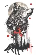 A wolf howling at a full moon while surrounded by a forest landscape tattoo design idea